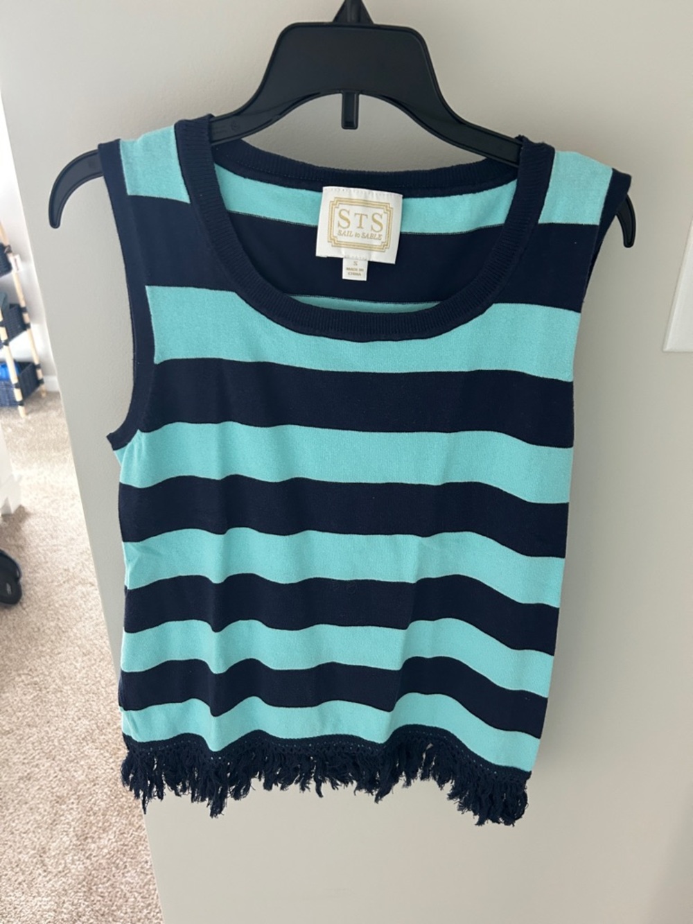 Sail to Sable Navy and Aqua Striped Fringe Tank
